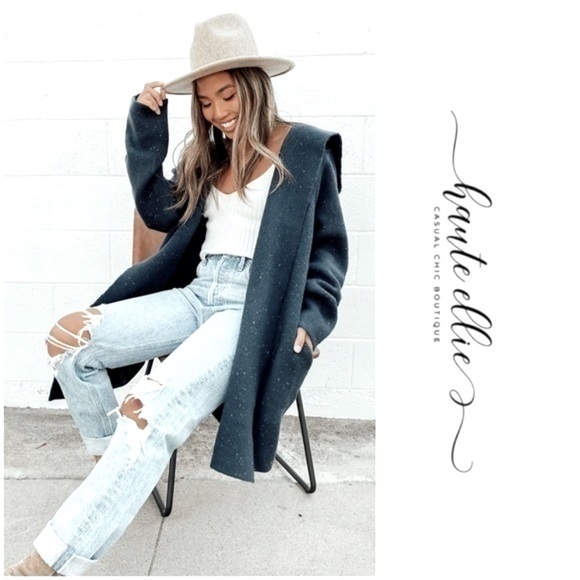 JULES-Speckled Navy Wide Lapel Hooded Coatigan - Picture 2 of 10